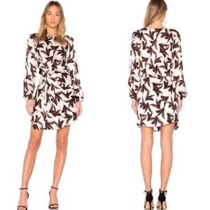 A.L.C. Freja Silk Palm Print Twist Knot Front Mini Dress in Eggshell Khaki Sz 4